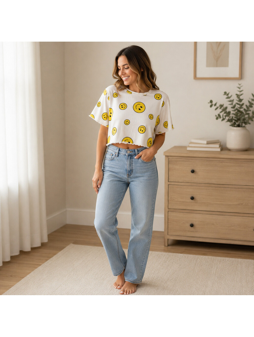 Altar'd State Intimates Smiley Crop Top Womens S White Graphic Y2K Lettuce Hem